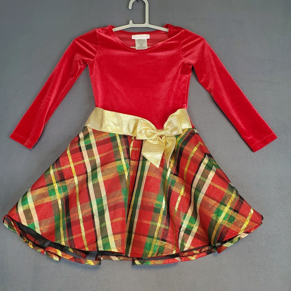 Bonnie Jean Girls Sz 5 Long Sleeved Velvet Bodice to Plaid Skirt Christmas Dress